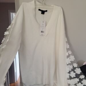 French Connection Ivory Sweater with Floral Lace Sleeves